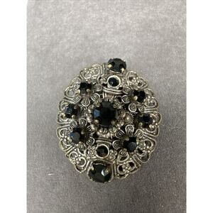 Vintage Estate Onyx Signed Germany Black silver Lace Brooch scarf Gem 1 1/2 inch